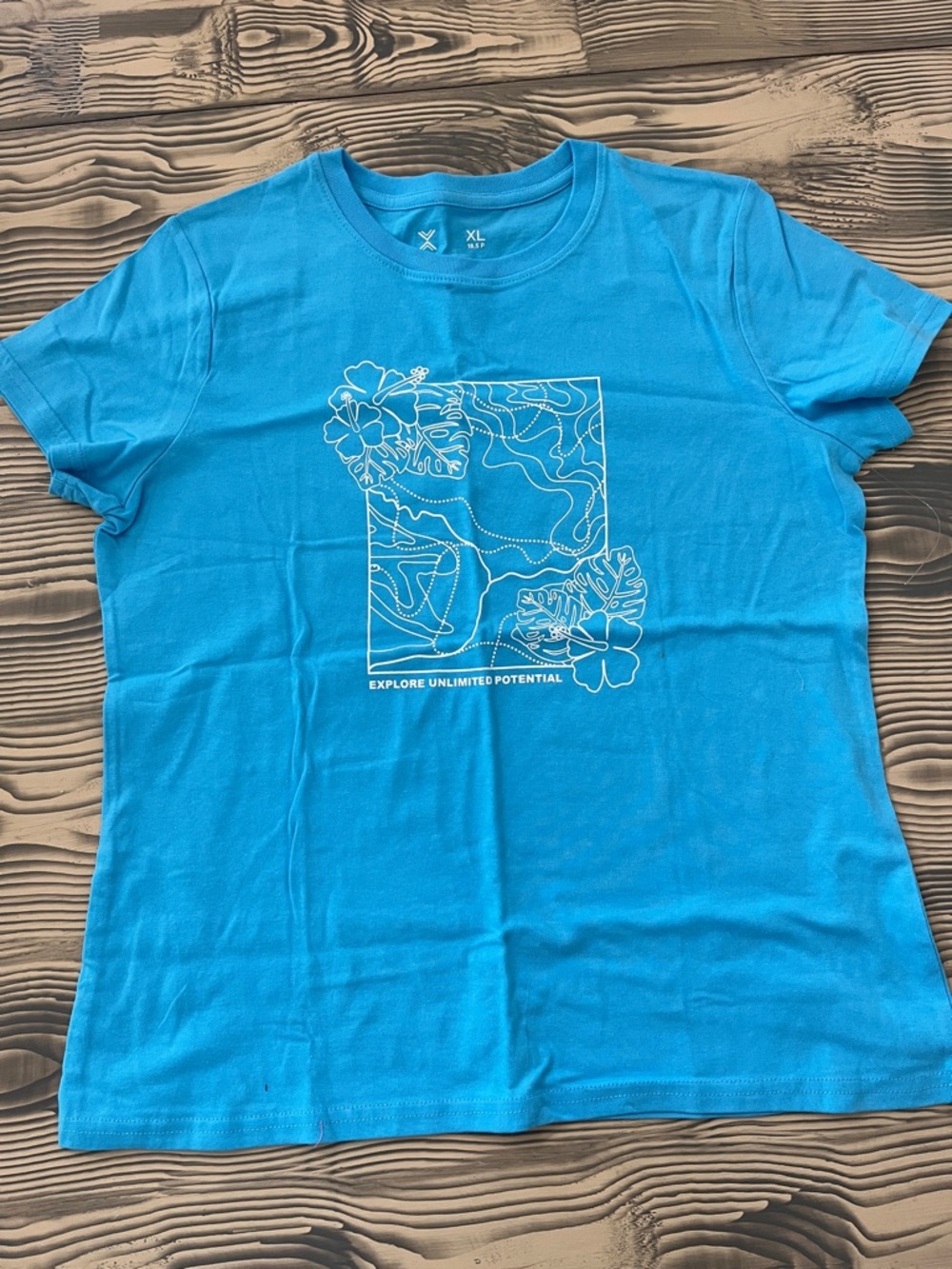 Xersion Turquoise Blue Graphic Tee with White Floral Map Print